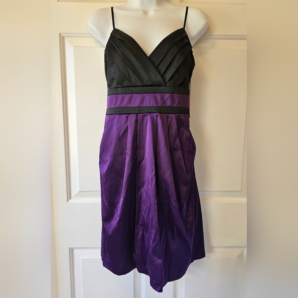 Trixxi Purple and Black Satin‎ Pleated Mini Dress With Pockets Bow Juniors Sz 9